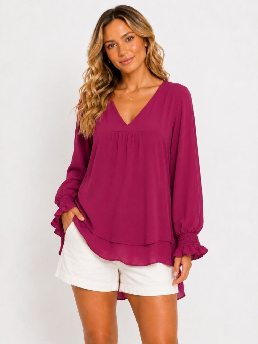 Karen Kane Fuchsia Long Sleeve V-Neck Blouse Ruffle Cuffs Womens Size Medium